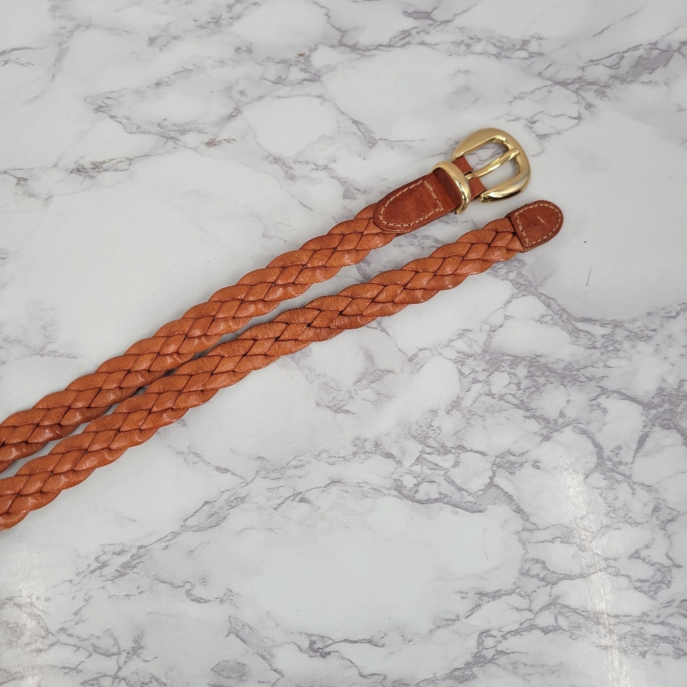 Braided Leather Waist Belt in Cognac with Gold Tone Buckle - Picture 5 of 10